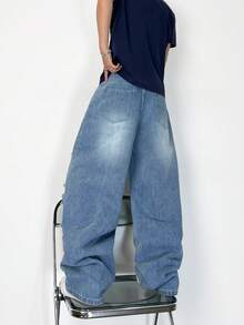 1 件男士休闲宽松阔腿牛仔裤，做旧牛仔布，带补丁设计，街头潮流 - 藍色 - 查看 4