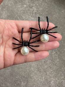 2入組優雅萬聖節主題黑色仿珍珠蜘蛛和昆蟲吊墜耳環,時尚女性日常佩戴