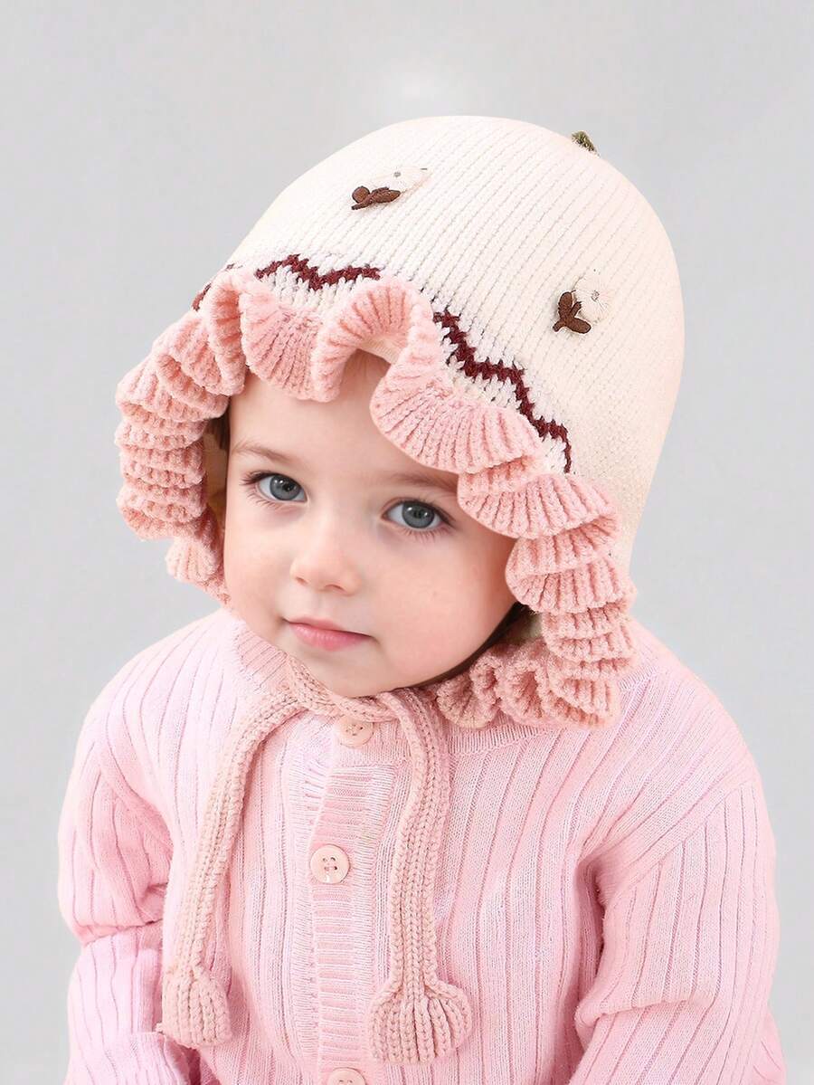 1pc Baby Cute Ruffle Flower Winter Warm Outdoor Earflap Princess Style Knitted Bonnet Hat - 1PC - View 1