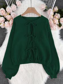 [Tops] Cárdigan de manga larga con nudo delantero de unicolor, minimalista, para usar en la oficina, vintage, simple, estilo francés, cárdigan de punto de unicolor con nudo delantero para mujer, se puede usar sobre blusas, cárdigan oversize y lindo - Verde Oscuro - Ver 4