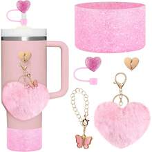 5 Stücke Zubehör für Tumbler Becher 30oz 40oz, inklusive Silikon Wasserflasche Stiefel, Strohhalm Abdeckung, Bommel Schlüsselanhänger, Hänge Dekor