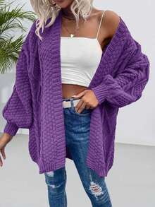 Women's Oversized Cardigan Sweater Front-Open Knitted Lantern Long Sleeve Thick Jacket - Màu tím - Xem 4