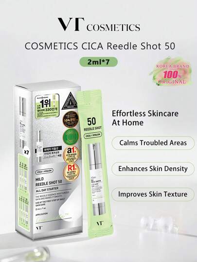 VT COSMETICS CICA Reedle Shot 50(2ml*7), Rinforzo della barriera, Difesa dall'inquinamento, Tecnologia acquosa ad assorbimento rapido, Delicato per pelli sensibili, Calmante in 15 minuti, Formula pulita, Transizione stagionale, Adatto ai viaggi, Preparazione per il trucco, K-Beauty, Trucco coreano