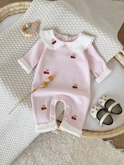 Newborn Baby Girl Sweet Cherry Embroidery Snap Romper, Spring/Autumn