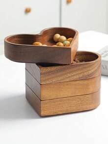 1Pc Solid Walnut Heart-Shaped Serving Tray - Stackable Wooden Fruit Bowl Or Candy Dish For Tabletop Display - Crafted Walnut Wood With Clean-Lined Design - Brown - View 4