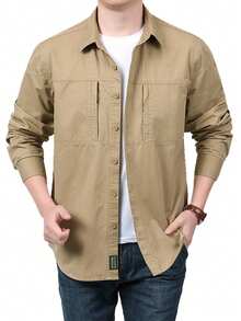 Men's Long Sleeve Shirt - Cotton With Zippered Pockets For Casual And Work Style - 卡其色 - 查看 1