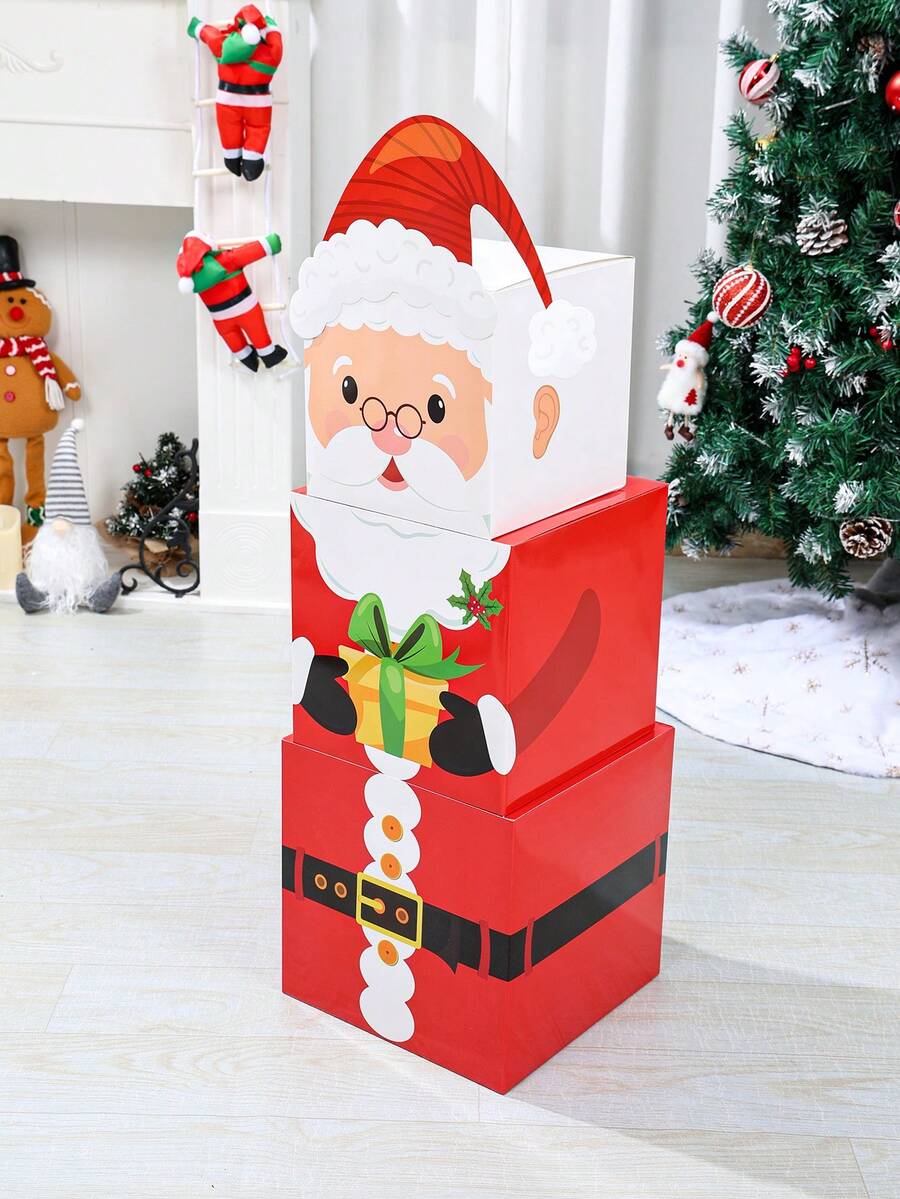 3pcs Santa Claus Stacking Gift Box Set, Christmas Decoration Box, Vibrant Winter Decor, Christmas Party Decoration, Christmas Tree Ornament, Home Christmas Decor, Christmas Decoration, Christmas Gift, Winter Decoration, Christmas Party Favor, Family Gathering Supplies, Holiday Accessories, Fireplace Decor, Home Decor, Room Decor, Christmas Photography Props, Christmas Party Backdrop Decoration