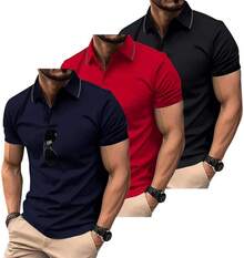 3 Pack Mens Polo Shirts Short Sleeve Performance Moisture Wicking Golf Shirt Athletic Quick Dry Collar Casual Shirts - 黑色+藏青色+紅色 - 查看 1