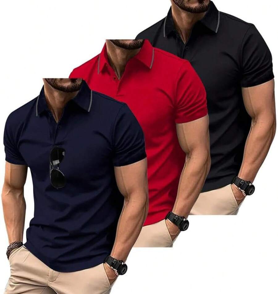 3 Pack Mens Polo Shirts Short Sleeve Performance Moisture Wicking Golf Shirt Athletic Quick Dry Collar Casual Shirts - 黑色+藏青色+紅色 - 查看 1