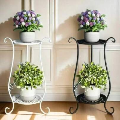 1pc Minimalist European Style Double-Layer Metal Flower Stand, Multi-Tier Floor Standing Flower Rack, For Living Room And Indoor Space Decor