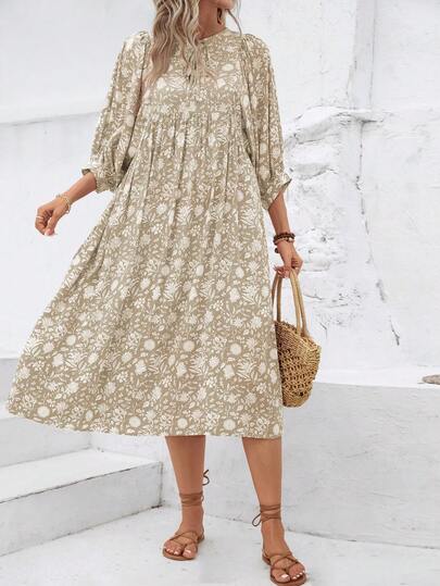 全印花打結領口襯衫袖連衣裙，時尚休閒日常裝