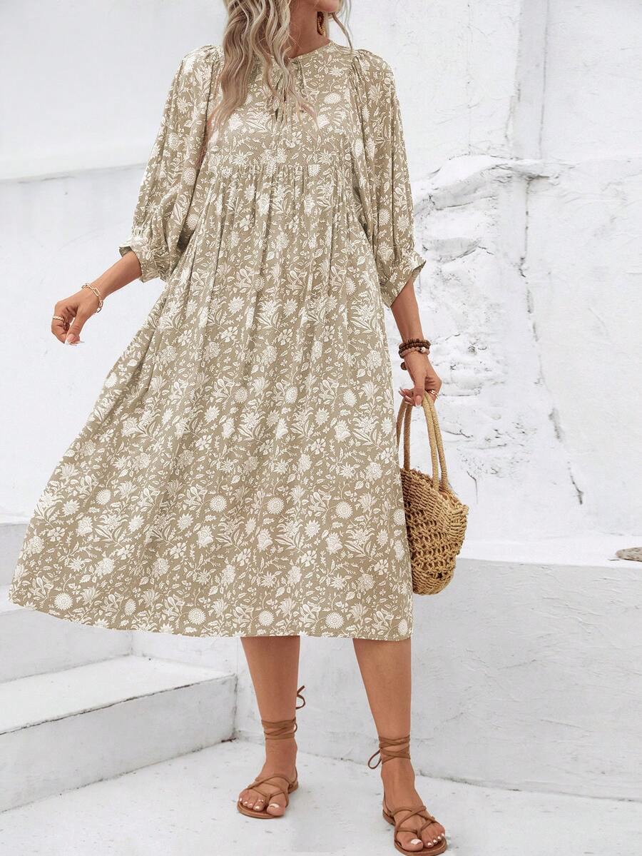 全印花打結領口襯衫袖連衣裙，時尚休閒日常裝 - 淺灰色 - 查看 1