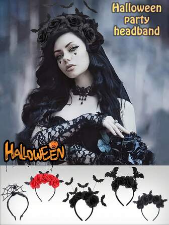 1/3 قطعة شريط رأس لحفلة هالوين - قبعة ساحرة جميلة مع زهور سوداء مزيفة، مشبك شعر خفاش أسود، إكسسوار تنكري قاتم للنساء
