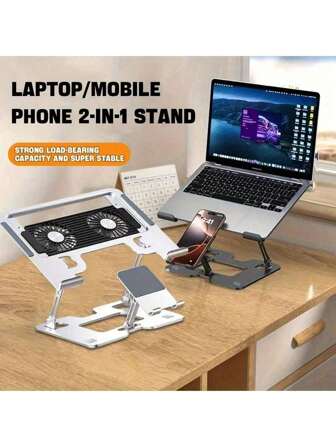 Supporto regolabile e pieghevole per laptop con ventola di raffreddamento a semiconduttore - Supporto e supporto per telefono in acciaio al carbonio ad alta resistenza 2 in 1, adatto per PC, laptop, smartphone, per elevare l'altezza e sospendere, migliorare la circolazione dell'aria e la postura, organizzare lo spazio di lavoro, design alla moda, qualità premium, ideale per l'ufficio di casa