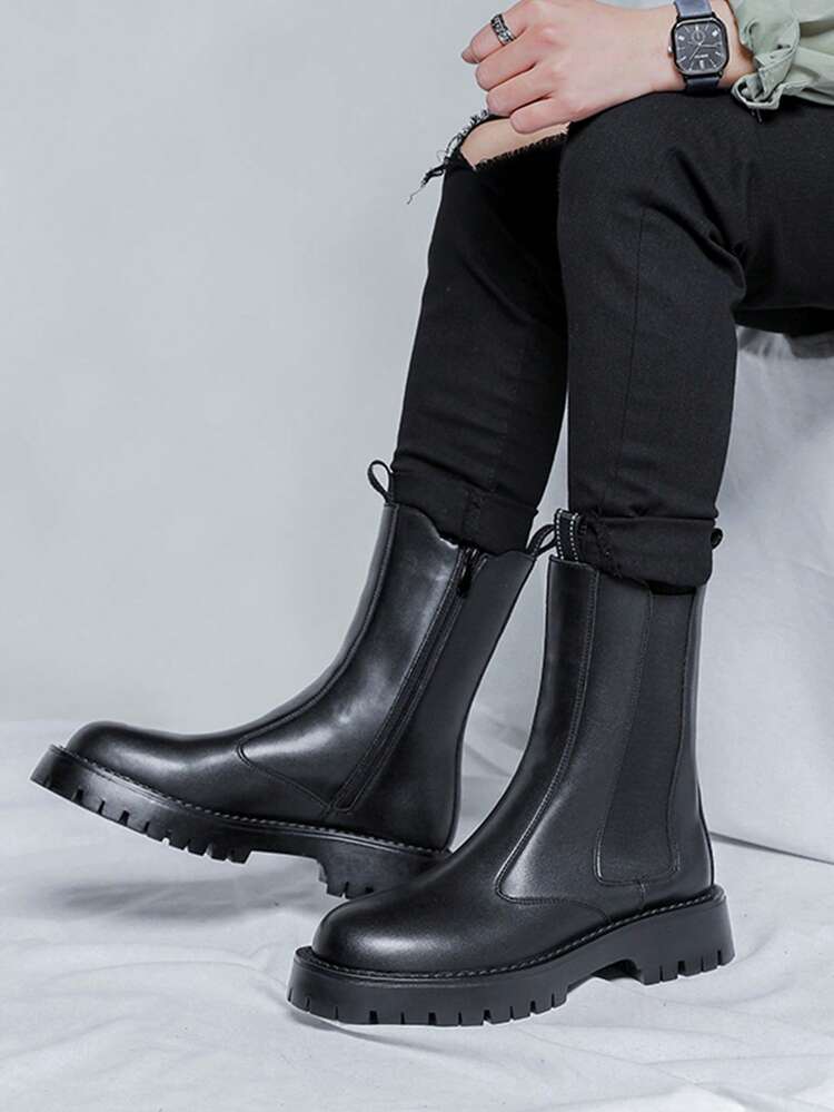Chelsea Boots For Men, Autumn/Winter Fashion New British Style Thick Sole High-Top Cylinder Boots, PU Leather High-Top Motorcycle Boots For Teenagers - Monochrome - View 15