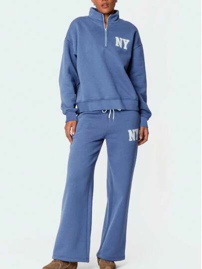 Conjunto de sudadera con media cremallera y estampado de NY y pantalones de pierna ancha, conjunto deportivo casual de dos piezas para mujer de talla grande