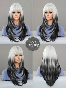 7JHH WIGS 24英寸黑白渐变色假发，带刘海，采用柔软耐热合成纤维制成，适合派对、角色扮演、万圣节、音乐节等场合。 - 黑與白 - 查看 6