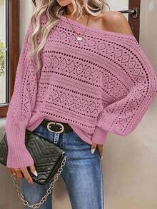 Womens Off Shoulder Sweaters Fall 2025 Oversized Knit Batwing Long Sleeve Crochet Pullover Sweater Tops - 粉色 - 查看 2