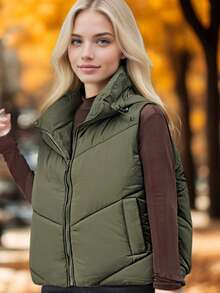 Women's Solid Hooded Quilted Vest Jacket For Autumn & Winter - Army Green - View 1