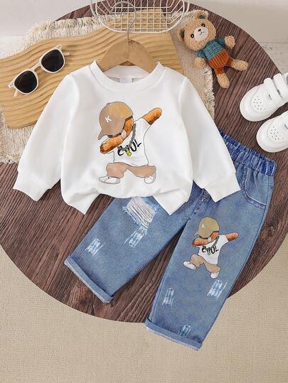 2 st babypojke/flicka casual söt tecknad björn grafiskt tryck tröja och byxor set, bekvämt för höst/vinter