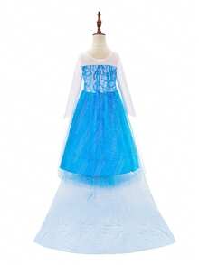 8 peças/Conjunto Vestido Floral de Manga Longa com Tela Azul para Meninas com Acessórios, Fantasia de Brincadeira de Criança, Vestido de Festa de Natal para Meninas - Azul - Visão 4