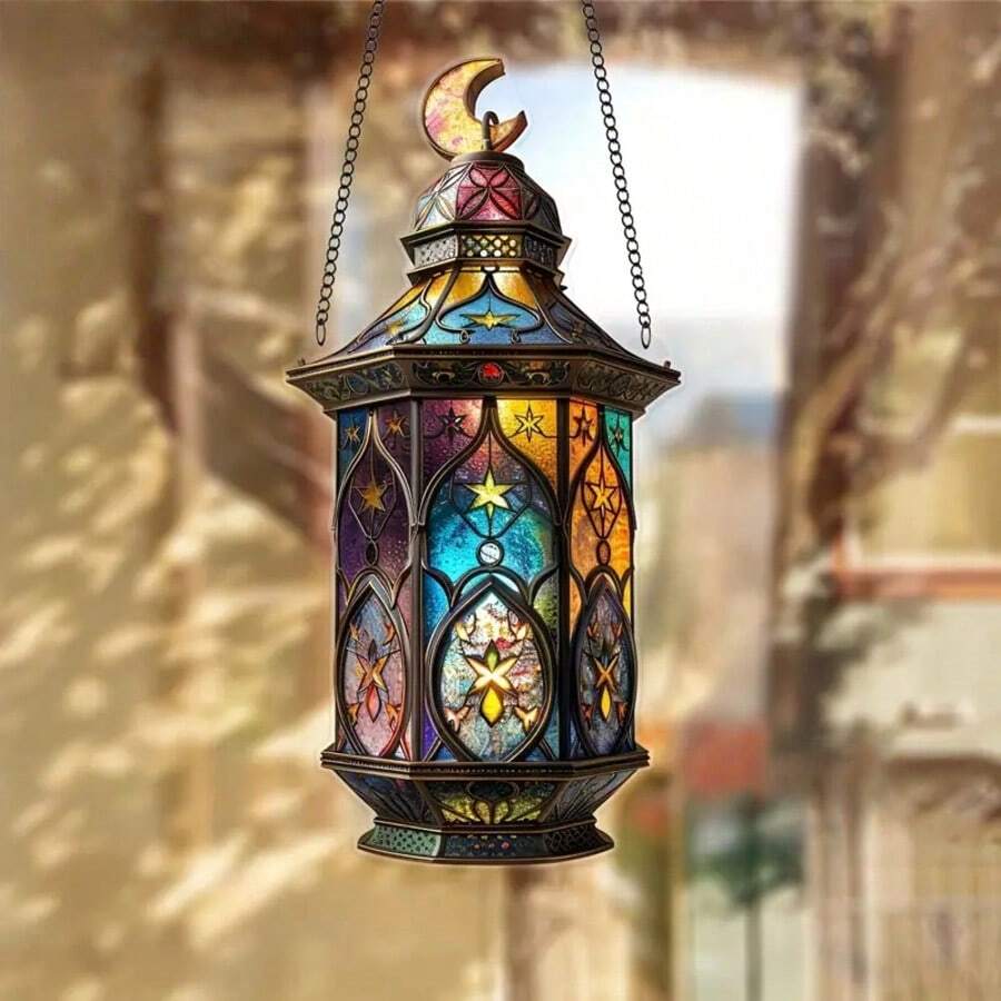 1 szt. 2D akrylowa dekoracja w kształcie latarni, klasyczna wisząca dekoracja z wzorem księżyca i gwiazd, odpowiednia na Święto Dziękczynienia, Nowy Rok, prezent na Boże Narodzenie, nie wymaga prądu, idealna dekoracja do domu, motyw religijny, prezent duchowy, do powieszenia na oknie