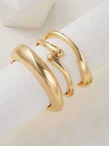 3 件套时尚朋克老钱风格简约金色几何光滑不对称泪珠金属手镯套装，适合女性，厚重光滑金属和锌合金材质