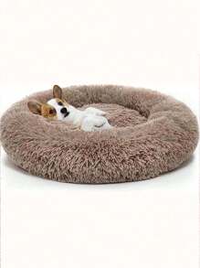 1pc Soft & Cozy Gray-Beige Pet Round Bed, Fluffy Plush Winter Warm Pet Round Nest Cushion For Medium/Large/Small Cats & Dogs