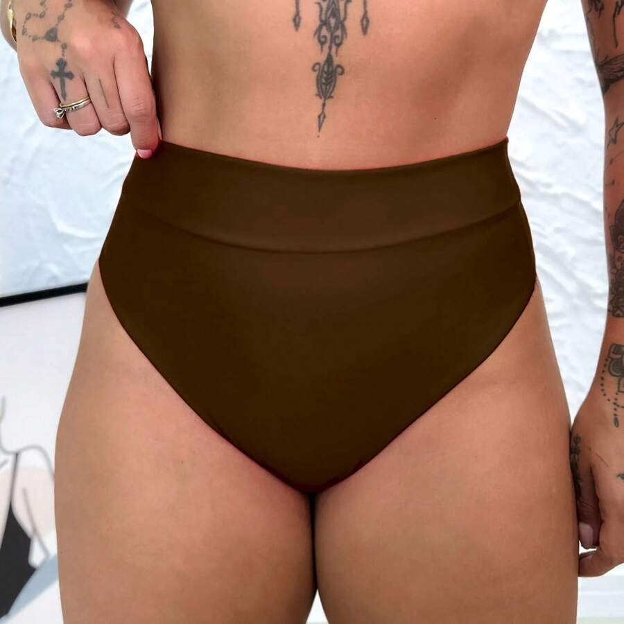 Hot Paint Double String Bikini Panties High Waist Black Simple Casual Elegant None - 鏽棕色 - 查看 1