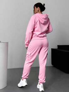Sudadera Con Capucha De Manga Larga Con Cierre  Y Pantalones Con Bolsillo De Solapa, Traje Deportivo - Rosa Pálido - Ver 3