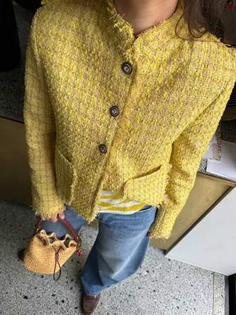 GMFP 立领短款黄色粗花呢女式外套，优雅精致时尚复古通勤约会派对新年女式上衣