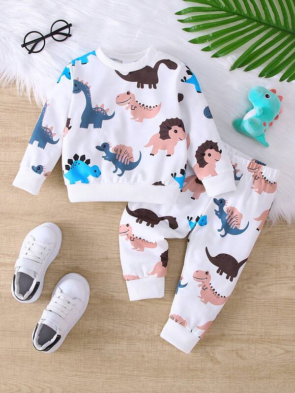 2pcs Baby Casual Dinosaur Print Full Graphic Sweatshirt & Matching Random Cut Dinosaur Print Full Graphic Sweatpants Outdoor Set, Autumn/Winter