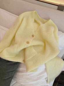 Casual Mohair Solid Color Knit Front Button Hollow Long Sleeve Sweater, Suitable For Everyday And Dates, Spring/Autumn - Light Yellow - View 5