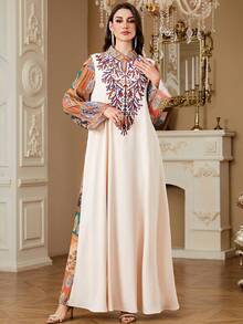 Women's Long Sleeve Random Cut Print Fashion Arabic Robe, All Season Dubai Ladies Abaya Robe, Computer Embroidered Beaded Patchwork Robe - Apricot - View 6