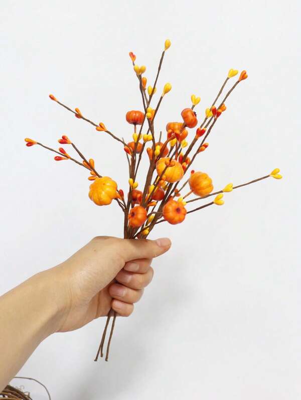 1/2pcs Berries Pumpkin Stems, Thanksgiving Orange Red Artificial Berries And Pumpkins, Home Decor, Bendable, DIY, Suitable For Halloween Thanksgiving Decor, Autumn Harvest, Can Be Used For DIY Home, Tabletop And Party Decoration, Autumn Home Decor, Tabletop Decor, Realistic Pumpkins And Berries, Handmade Arrangement, Autumn Garden Decor, Balcony Decor