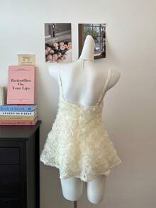 女士春季新品简约宽松优雅小众3D花卉无袖甜美吊带背心，夏季服装 - 杏色 - 查看 3