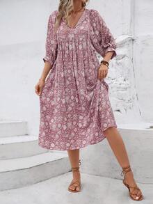 Đầm tay phồng cổ thắt nút in họa tiết toàn thân, kiểu dáng thanh lịch, thích hợp mặc hàng ngày hoặc đi nghỉ mát. - Màu tím hoa cà - Xem 3