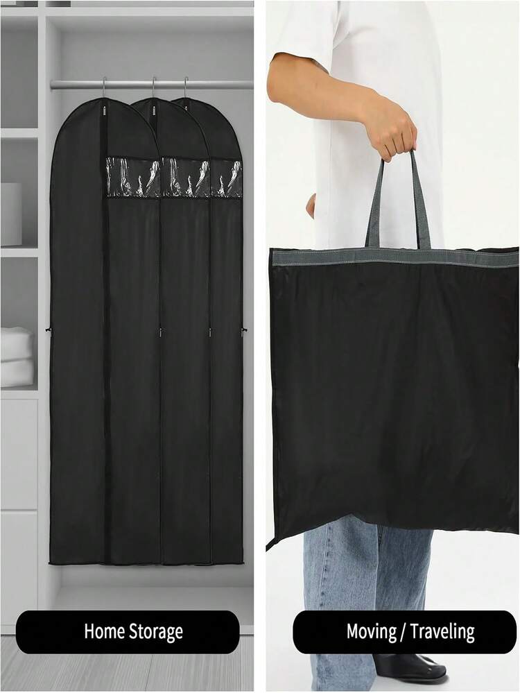 1pc Portable White Non-Woven Fabric Dress Bag, Wedding Dress Bag, Long Dress Storage Bag, 180cm/70.86in, Dorm Essential Clothing Organizer Bag, Wardrobe Storage, Bedroom - Black - View 4