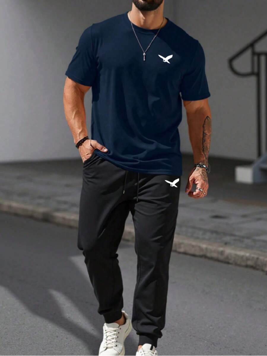 Men's Eagle Graphic Casual Short Sleeve T-Shirt And Pants Set