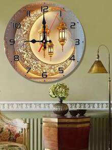 1 Pc 10" /12" Silent Moon Lantern Clock Silent Golden Moon Lantern Eid Wall Clock, Round Wood Veneer With Islamic Architecture Design | Battery Operated (AA Not Included) | Ideal For Study Or Living Room Decor, Great Gift For Holidays Home Decor - Multicolor - View 3