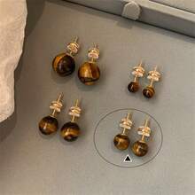 1 件 24K 金天然石风格虎眼石耳钉简约复古气质耳环耳饰 - 彩色 - 查看 14