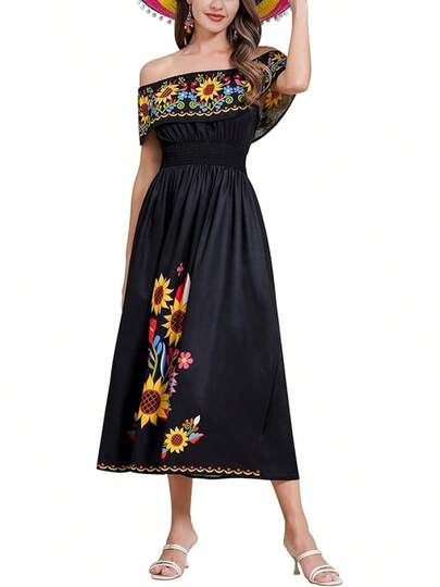 Women Mexican Dress Summer Floral Print Traditional  Wear Shoulder Beach Holiday Party Long Maxi Gowns