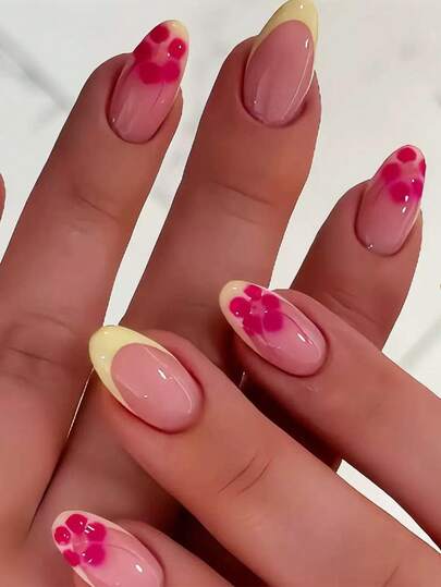 瞬间提升你的美甲造型！24片装中号杏仁形按压式假指甲，优雅清新奶油黄细边法式时尚春夏玫瑰粉光环夏威夷花朵全覆盖假指甲，适合女性和女孩，附赠配件（果冻胶+指甲锉）。美甲用品套装