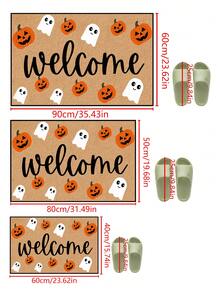 1 pieza, Felpudo de bienvenida con patrón divertido de fantasma y calabaza de Halloween de otoño, estilo festivo, lavable a máquina, de fibra de poliéster, apto para interiores, exteriores, decoración diaria, todas las estaciones - Amarillo - Ver 4