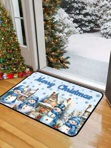 1/16Pcs 40*60cm Christmas Door Mat Decorative Floor Mat, Merry Christmas Blue Snowman Pattern With Christmas Light House Pattern, Suitable For Indoor Living Room, Kitchen, Hallway Entrance, Christmas Home Decor Fabric - Multicolor - View 4