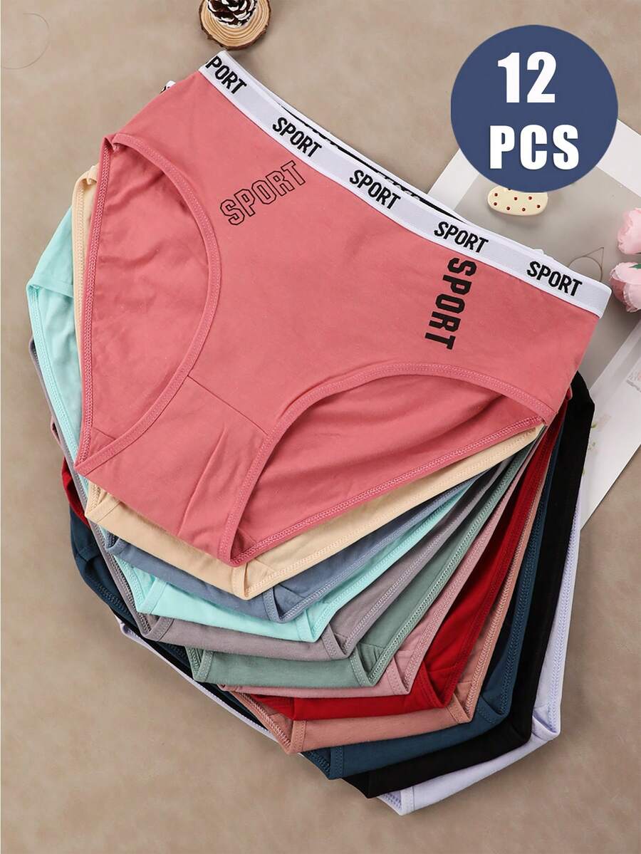 12-Pack Soft & Comfortable Women's Mid-Rise Briefs | Assorted Colors (Red, Blue, Light Pink, Beige, Purple, Dark Gray), Athletic Underwear With Stylish "SPORT" Letter Print - Nhiều màu - Xem 1