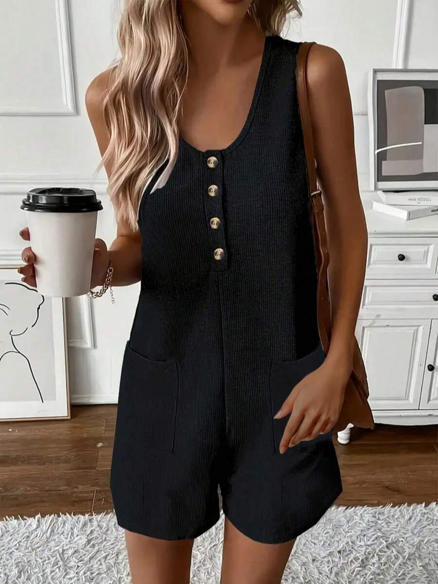 Women's Solid Color Button Design Dual Pocket Casual Sleeveless Romper Black Summer - Black - View 1