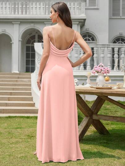 Volly Toych 淡粉色纯色及地雪纺细肩带优雅正式低背伴娘礼服，婚礼宾客礼服