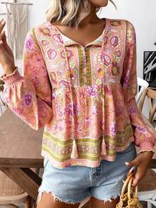 Floral Print Tassel Tie Neck Lantern Sleeve Ruffle Hem Blouse - Pink - View 1
