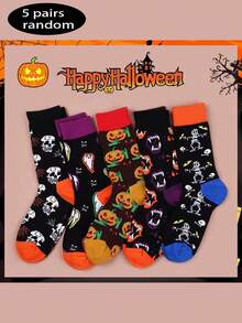 1/5 Pares Meias Médias Sortidas Aleatoriamente - Novas Meias Médias de Halloween com Abóbora para Homens e Mulheres, Casais, Estilo Europeu